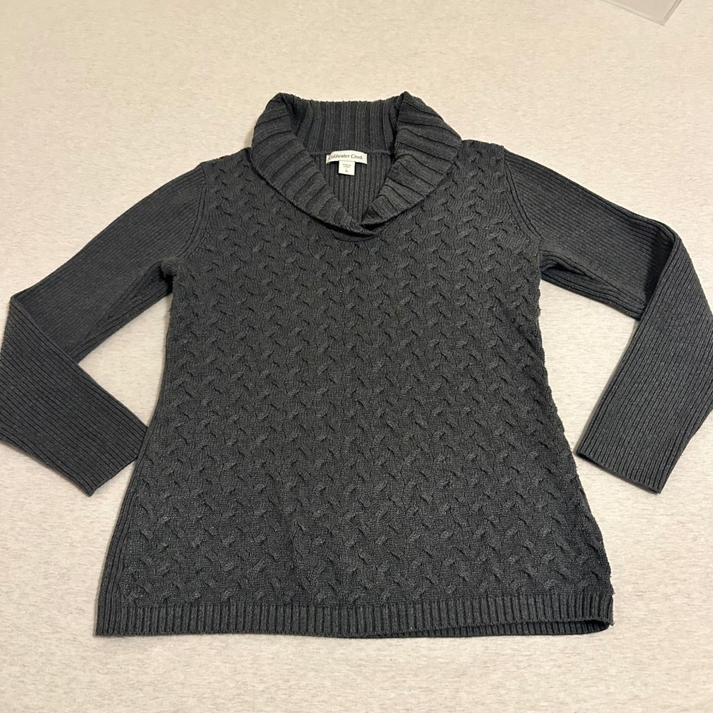Coldwater Creek Women L 14 Charcoal Gray Cable Knit Shawl Collar Sweater